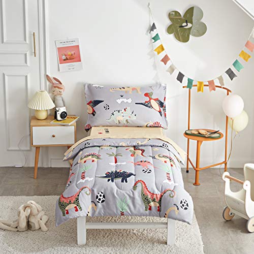 UOZZI BEDDING 4 Piece Gray Dinosaurs Toddler Bedding Set with Colorful Dinos Boys Bed Comforter Sheet Set - Image 1