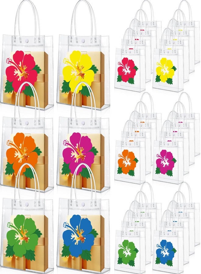 Wesnoy 24 Pcs Hawaiian Luna Gift Bags with Handles Clear Hibiscus Party Favor Bags Tropical Goodie Bag Summer Party Supplies for Aloha Tiki Birthday Decorations, 7.9'' x 7.9'' x 3.2'' - Image 1
