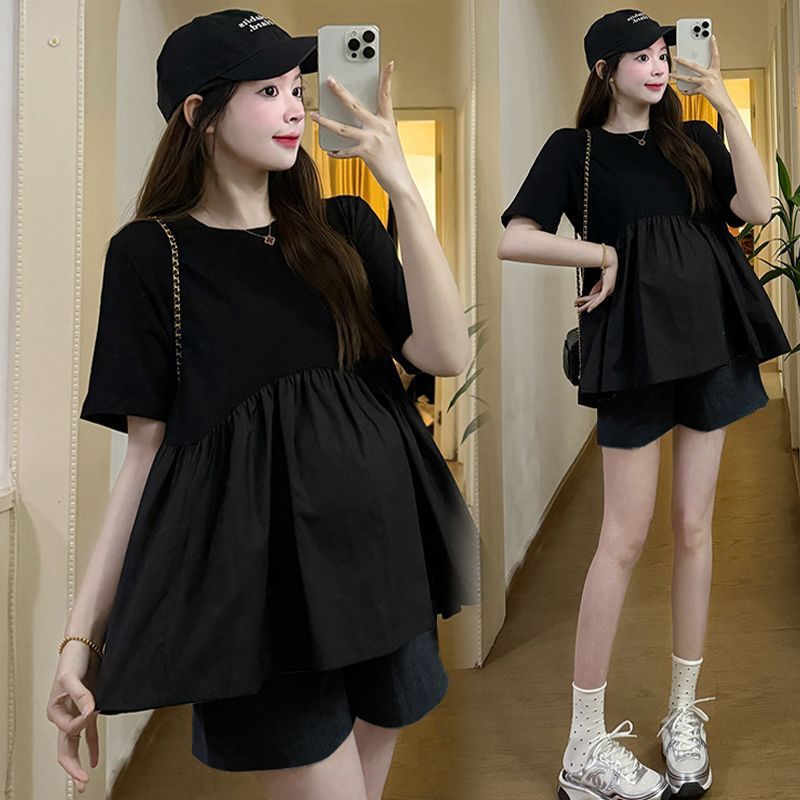 Summer Maternity Fashion Casual Slimming Outfit T#1050 black + black pants suit