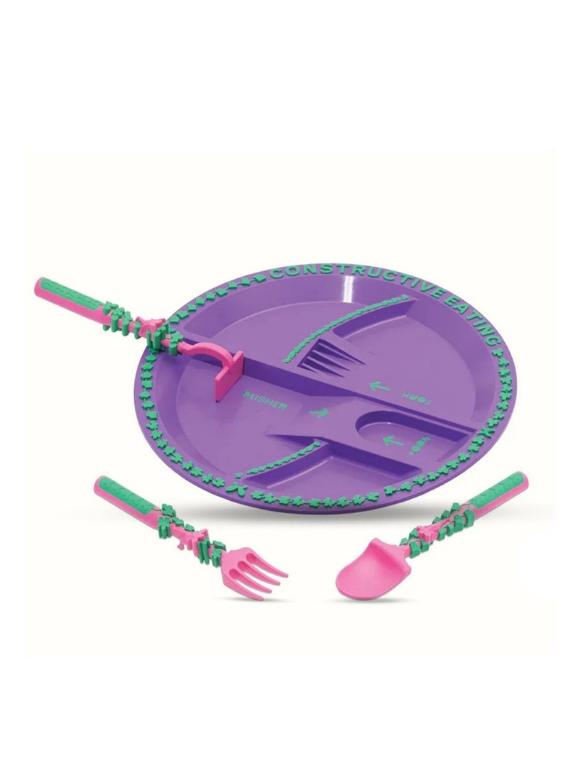 Eazy Kids Eating Plate with Spoon, Fork & Pusher - Purple, Gardening, 3Pcs - Image 1