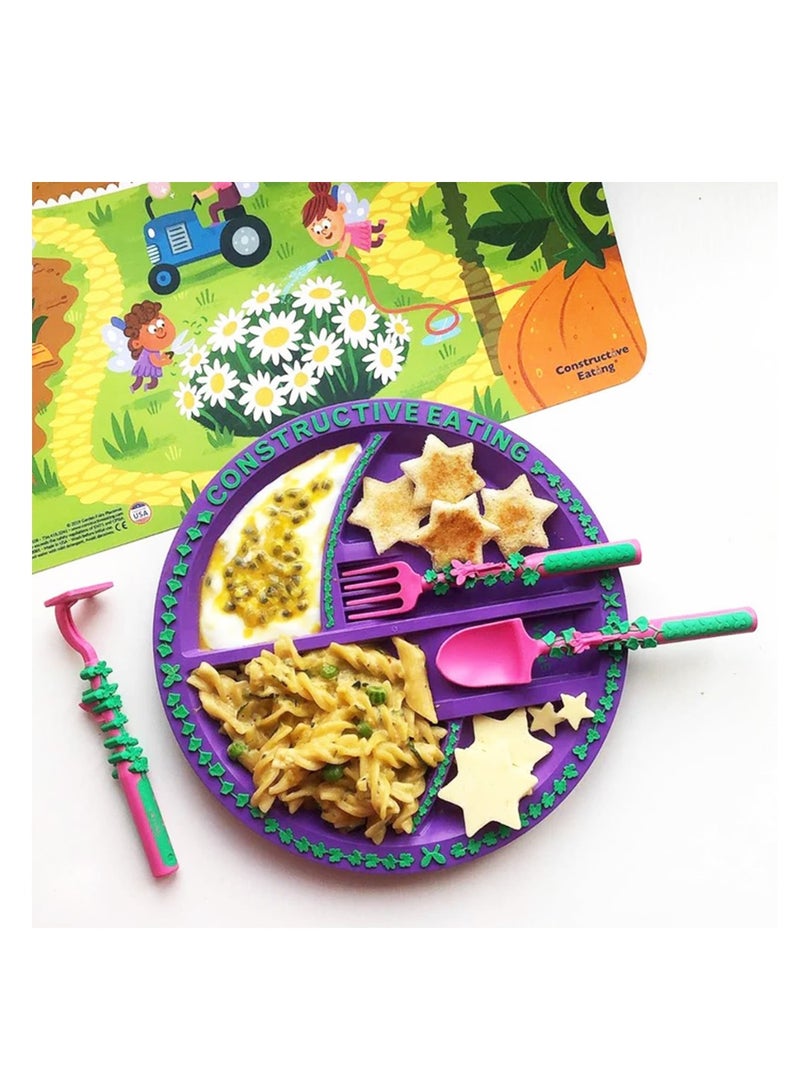 Eazy Kids Eating Plate with Spoon, Fork & Pusher - Purple, Gardening, 3Pcs - Image 3