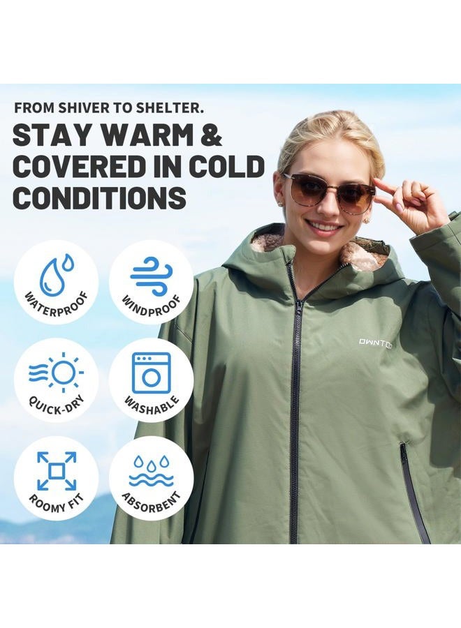 Owntop Waterproof Changing Robe for Adults Kids - Windproof Hooded Coat with Soft Warm Sherpa Fleece Lining | Customizable Patch | Oversized Dry Swimming Robe for Surf and Beach, Green, M - Image 3