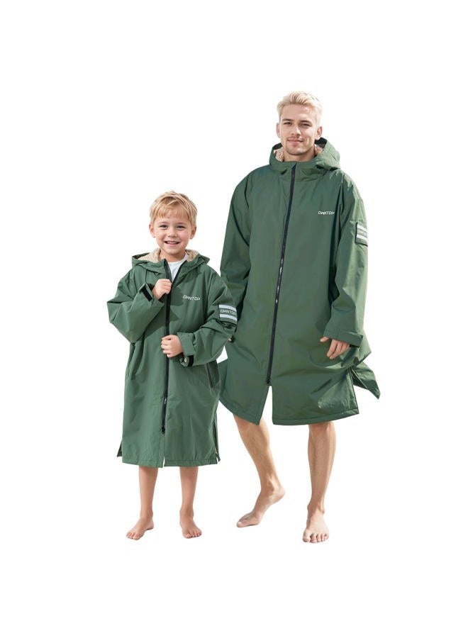 Owntop Waterproof Changing Robe for Adults Kids - Windproof Hooded Coat with Soft Warm Sherpa Fleece Lining | Customizable Patch | Oversized Dry Swimming Robe for Surf and Beach, Green, M - Image 1