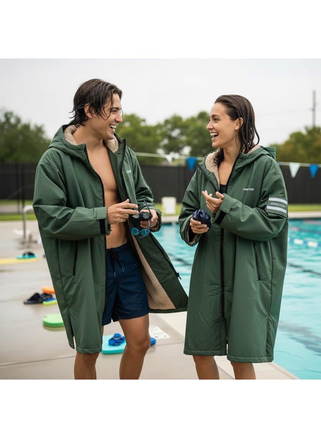 Owntop Waterproof Changing Robe for Adults Kids - Windproof Hooded Coat with Soft Warm Sherpa Fleece Lining | Customizable Patch | Oversized Dry Swimming Robe for Surf and Beach, Green, M - Image 2