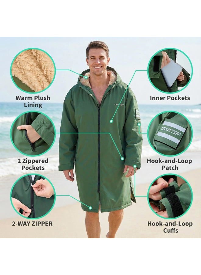 Owntop Waterproof Changing Robe for Adults Kids - Windproof Hooded Coat with Soft Warm Sherpa Fleece Lining | Customizable Patch | Oversized Dry Swimming Robe for Surf and Beach, Green, M - Image 5