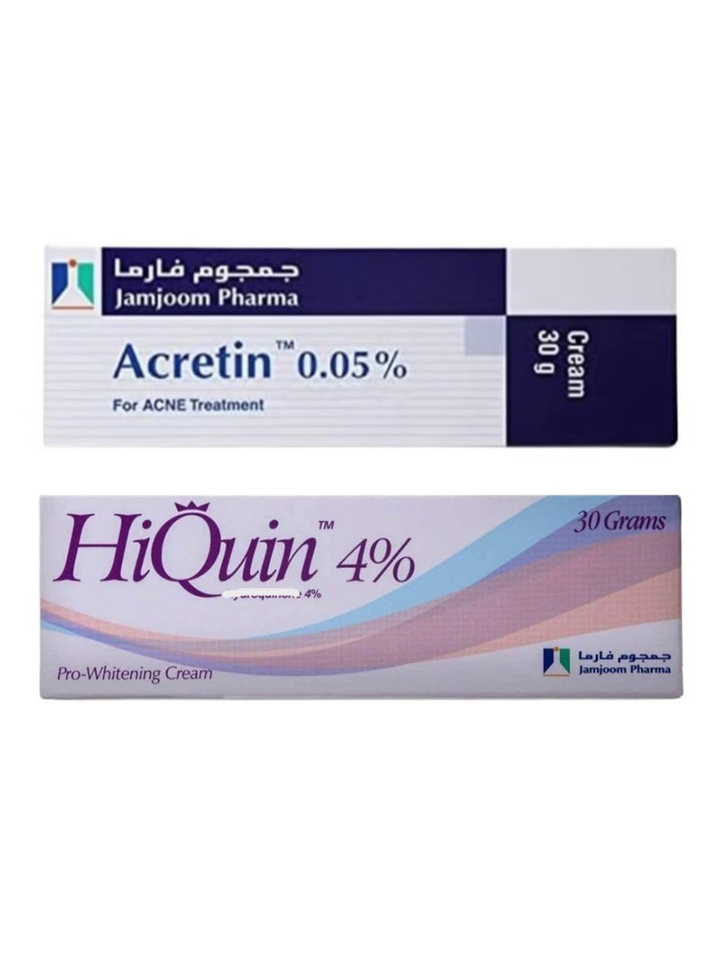 عبوتان من كريم HiQuin 4% لتفتيح البشرة (30 جم) + كريم Acretin لعلاج حب الشباب (30 جم)