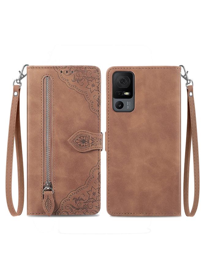 جرين تايجر جراب هاتف جلدي بسحاب مزخرف بزهرة منقوش لهاتف TCL 40 XL (بني)