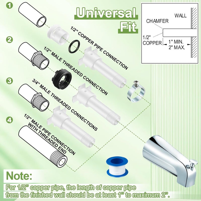 Enhon Tub Spout, Universal Fits 1/2'' Copper Pipe, 1/2'' IPS and 3/4'' IPS, Bathroom Bathtub Tub Faucet Replacement with Adapters (with Diverter,Chrome) - Image 5