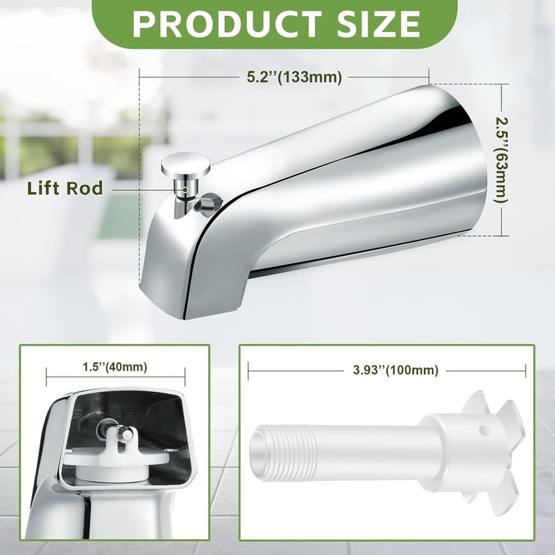 Enhon Tub Spout, Universal Fits 1/2'' Copper Pipe, 1/2'' IPS and 3/4'' IPS, Bathroom Bathtub Tub Faucet Replacement with Adapters (with Diverter,Chrome) - Image 2