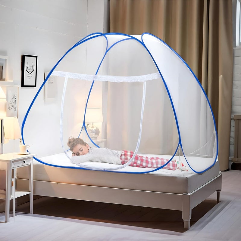 Kuber Industries 6.5x4 Feet Nylon Mosquito Net for Single Bed | Foldable Machardani for Bedroom | Outdoor Trip Mosquito Net | Blue - Image 1