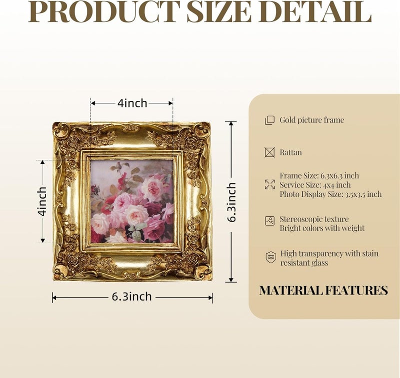 Cuspin إطار صور مربع ذهبي مقاس 4×4 من ، إطار صور مزخرف من الراتنج بنقوش زهرية، مع واجهة زجاجية حقيقية، لوضعه على الطاولة أو تعليقه على الجدار، تزيين أنيق للمنزل. - Image 5