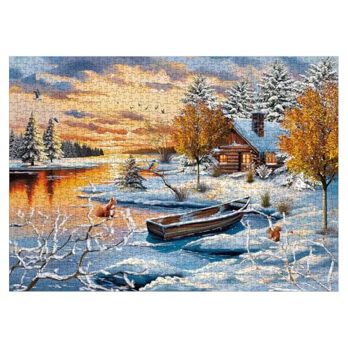 Larkipuzz Winter Nature Landscape Puzzles for Adults 1000 Pieces Pretty Sunset Lake House Tree Jigsaw Puzzles Challenging Snow Scenic Cabin River Animal Puzzle - Image 5