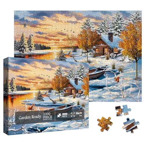 Larkipuzz Winter Nature Landscape Puzzles for Adults 1000 Pieces Pretty Sunset Lake House Tree Jigsaw Puzzles Challenging Snow Scenic Cabin River Animal Puzzle - Image 1