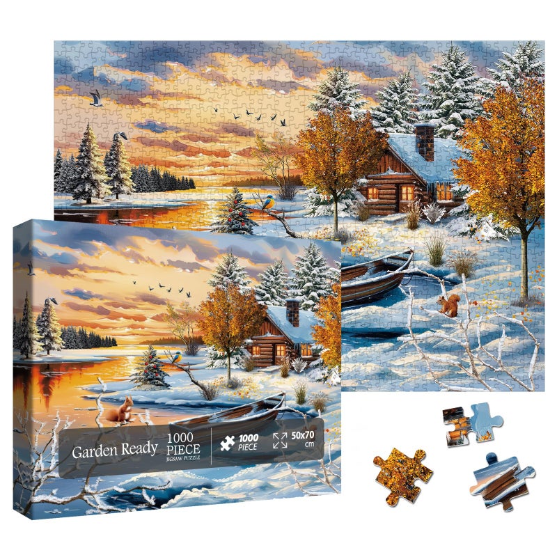 Larkipuzz Winter Nature Landscape Puzzles for Adults 1000 Pieces Pretty Sunset Lake House Tree Jigsaw Puzzles Challenging Snow Scenic Cabin River Animal Puzzle - Image 3