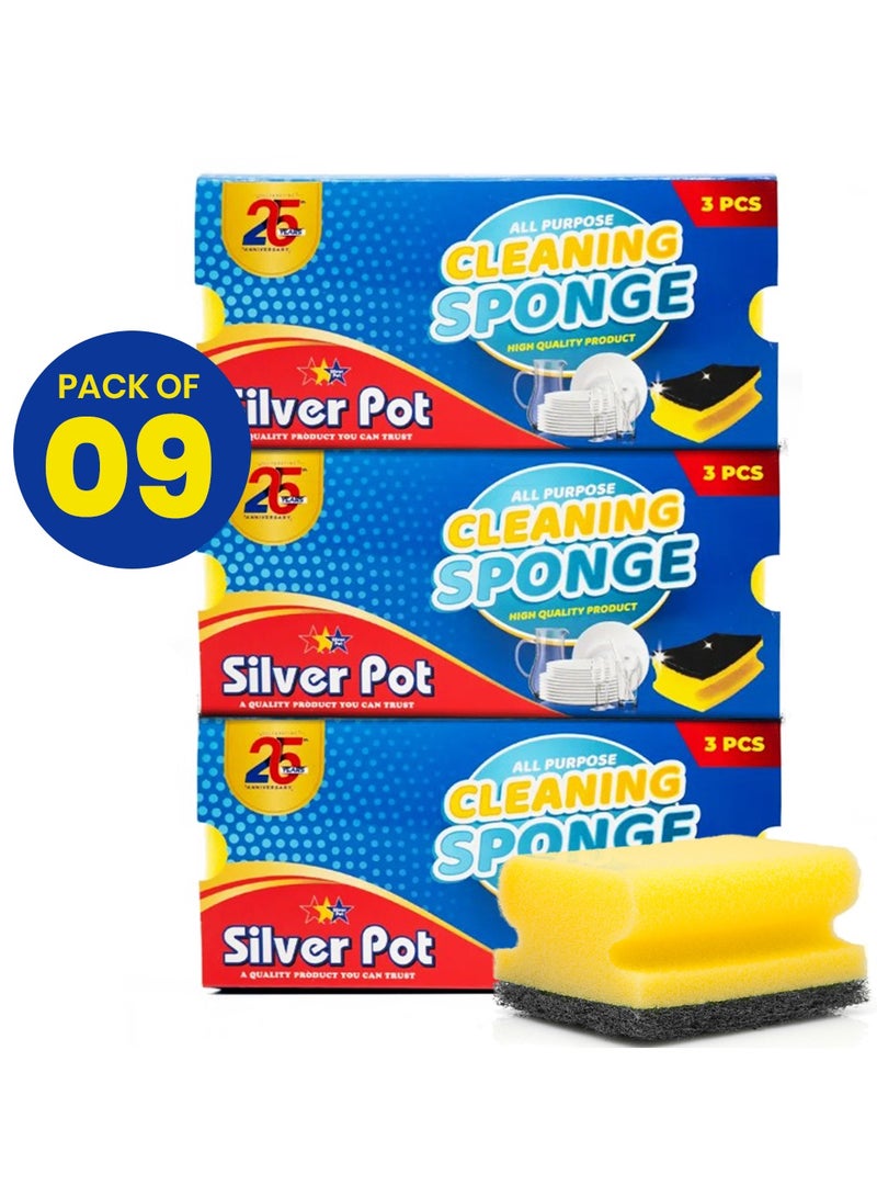 Silver Pot Kitchen Sponge & Scourer – Promo Pack of 3x3 total 9 sponges, 13cm Dual-Purpose Cleaning Sponges for Pots, Pans, Kitchen Utensils, and Delicate Surfaces  - Image 1