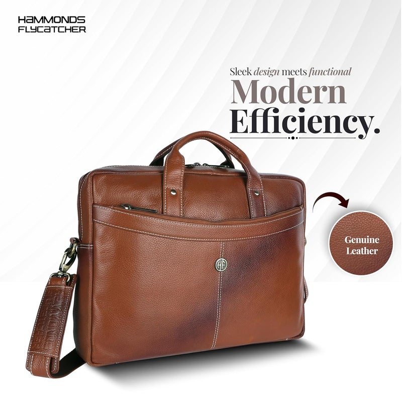 HAMMONDS FLYCATCHER Genuine Leather Office Bag for Men, 15.6 Inch Professional Tan Color Laptop Bag for Men, Adjustable Strap & Multi Compartments, 1 Year Warranty - Office, Travel, Daily Use - Image 2