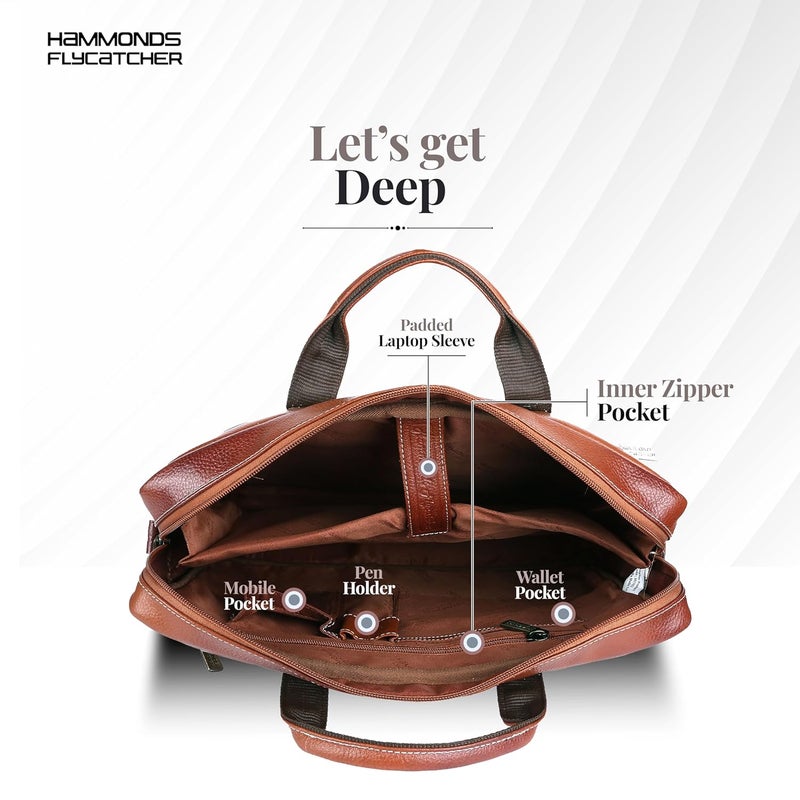 HAMMONDS FLYCATCHER Genuine Leather Office Bag for Men, 15.6 Inch Professional Tan Color Laptop Bag for Men, Adjustable Strap & Multi Compartments, 1 Year Warranty - Office, Travel, Daily Use - Image 4