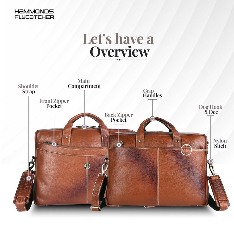 HAMMONDS FLYCATCHER Genuine Leather Office Bag for Men, 15.6 Inch Professional Tan Color Laptop Bag for Men, Adjustable Strap & Multi Compartments, 1 Year Warranty - Office, Travel, Daily Use - Image 3
