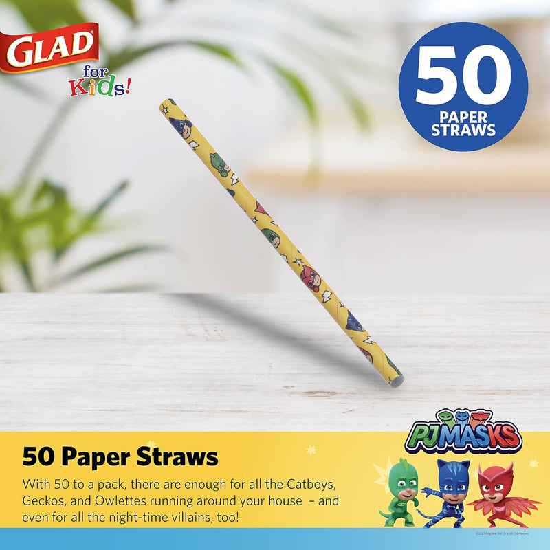 Glad for Kids PJ Masks Paper Straws, 50 Count | Paper Straws With Fun Design for Kids | Heavy Duty Biodegradable Paper Straws | Compostable Paper Straws - Image 1