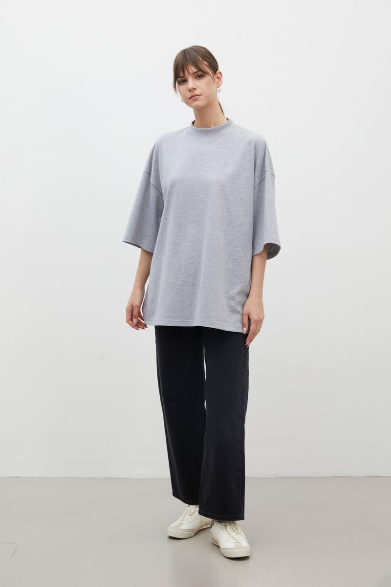 Manuka Oversized Cotton Short Sleeve T-Shirt Grey-Melange - Image 3