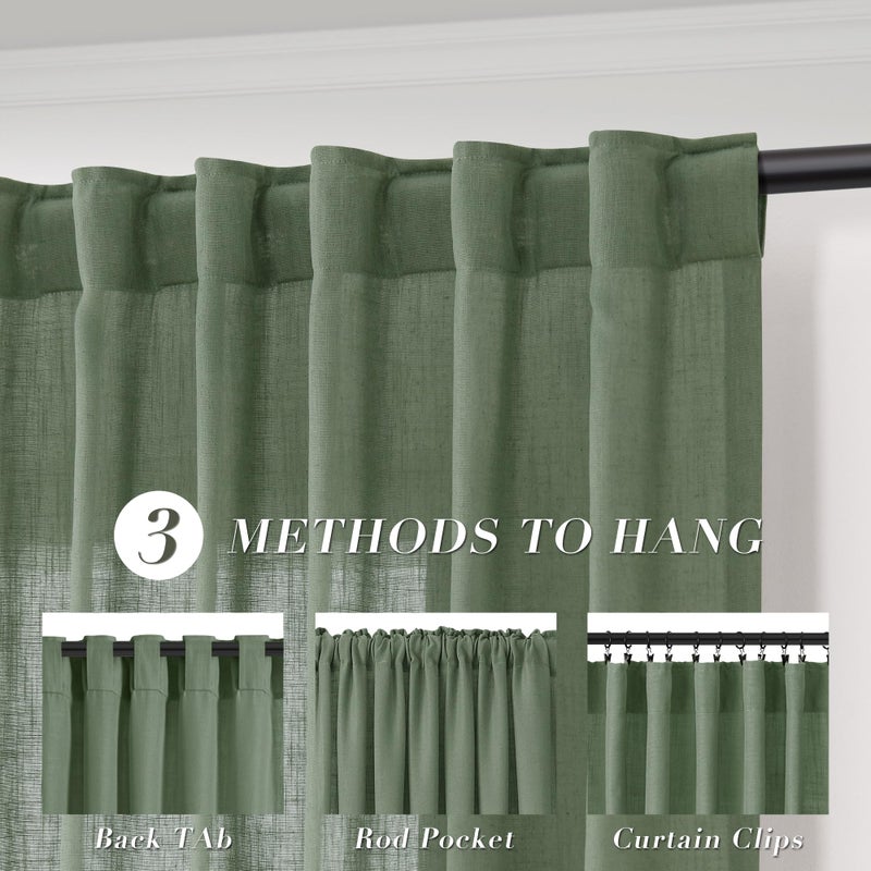 Joywell Olive Green Back Tab Linen Curtains 102 Inches Long 2 Panels for Living Room Bedroom Neutral Boho Farmhouse Rustic Light Filtering Semi Sheer Curtains Window Treatment 52x102 - Image 3