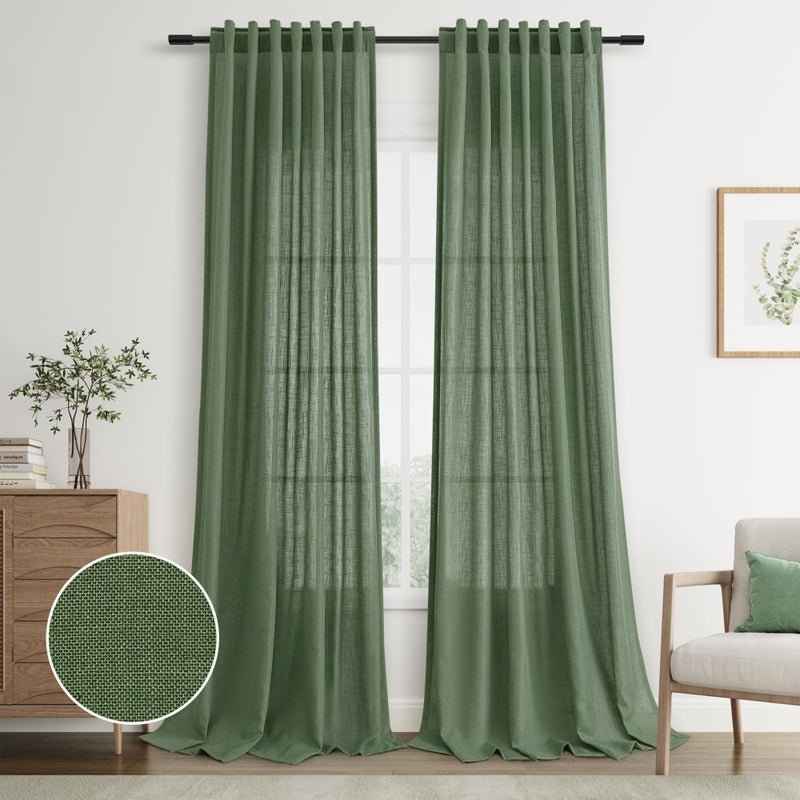 Joywell Olive Green Back Tab Linen Curtains 102 Inches Long 2 Panels for Living Room Bedroom Neutral Boho Farmhouse Rustic Light Filtering Semi Sheer Curtains Window Treatment 52x102 - Image 1
