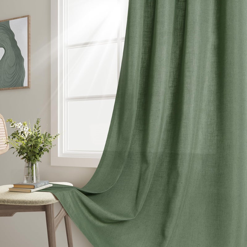 Joywell Olive Green Back Tab Linen Curtains 102 Inches Long 2 Panels for Living Room Bedroom Neutral Boho Farmhouse Rustic Light Filtering Semi Sheer Curtains Window Treatment 52x102 - Image 2