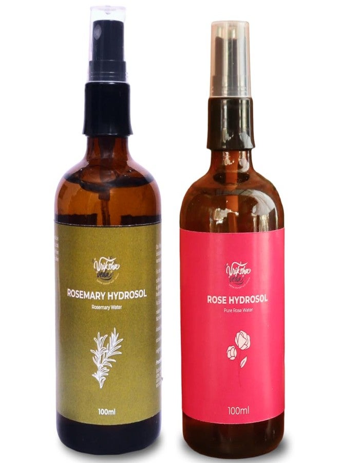 Vriksha Veda Selfcare Rituals Combo I Rose Hydrosol (100 ml) & Rosemary Hydrosol I For Skin & Hair (100 ml) I Rosemary Water for Hair Growth I Suitable for all Hair & Skin types - Image 1