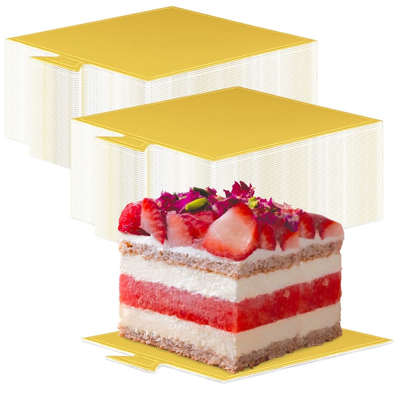 Lainrrew 200 قطعة ألواح كعك صغيرة ألواح موس ذهبية قواعد كعك صغيرة ألواح ورقية صواني عرض الحلويات قاعدة المعجنات لوح كعك مربع مقاوم للدهون