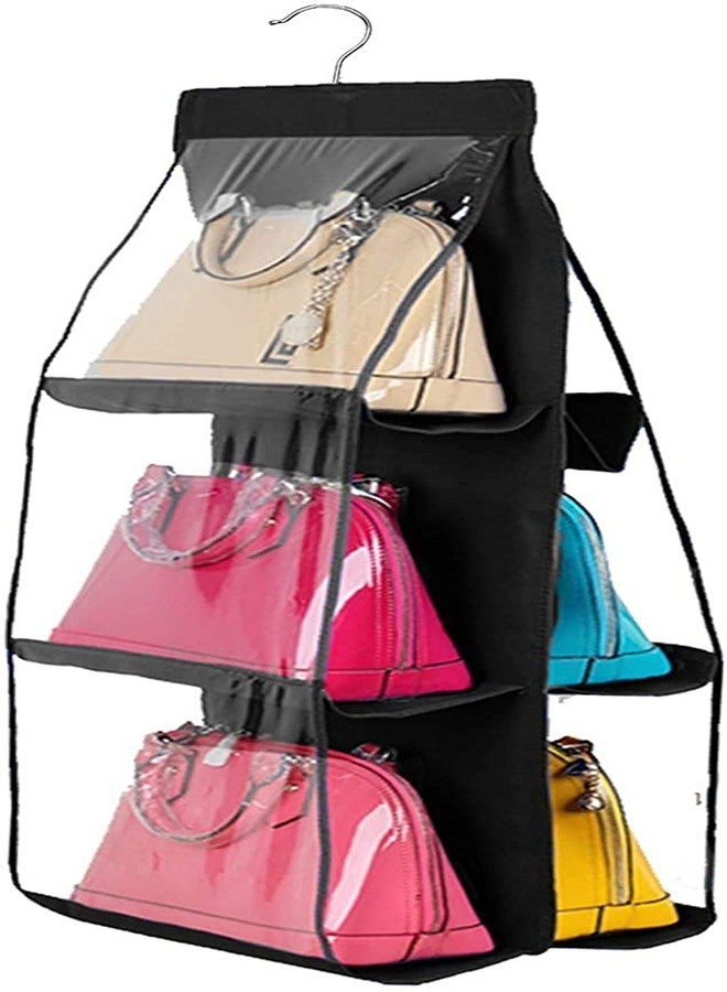 HUEX Hanging Handbag Purse Organizer - Transparent Dust-Proof Wardrobe Closet Storage Bag for Clutch with 6 Larger Pockets (Multicolor) (Pink)