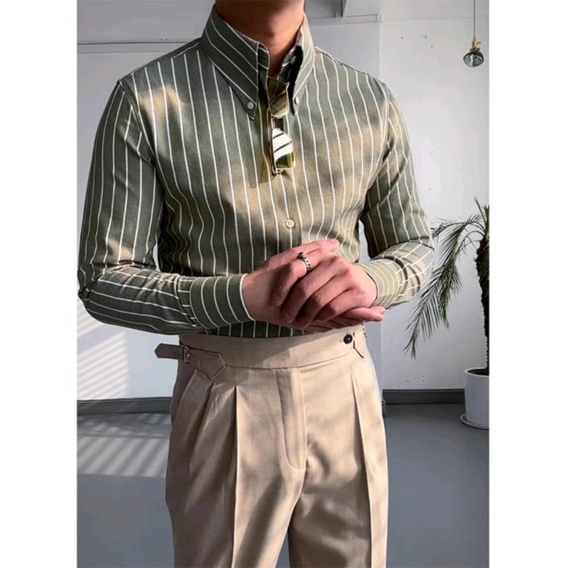قميص رجالي كاجوال للأعمال بأكمام طويلة مخطط إيطالي عتيق أخضر بأزرار وقبة طويلة مدببة تصميم عصري مميز بقصة ضيقة - Image 2