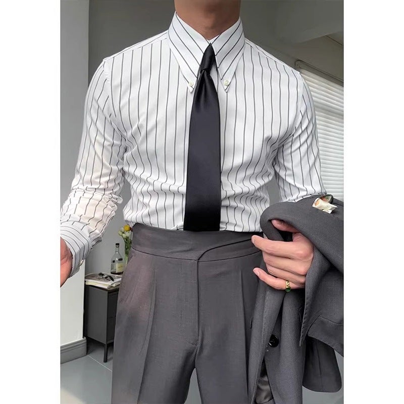 قميص رجالي كاجوال للأعمال بأكمام طويلة مخطط إيطالي عتيق أخضر بأزرار وقبة طويلة مدببة تصميم عصري مميز بقصة ضيقة - Image 1