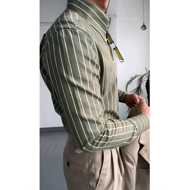 قميص رجالي كاجوال للأعمال بأكمام طويلة مخطط إيطالي عتيق أخضر بأزرار وقبة طويلة مدببة تصميم عصري مميز بقصة ضيقة - Image 3