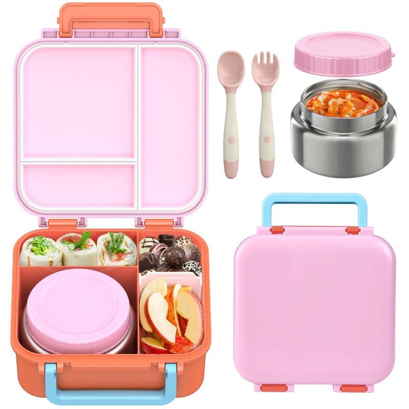 BEAQUEE Bento Box for Kids with Soup Thermos9oz Kid Bento Lunch Box with Leak Proof Insulated Food Jar Hot Cold Lunch Container Set for School Girls Boys 4Compartments PinkOrange
