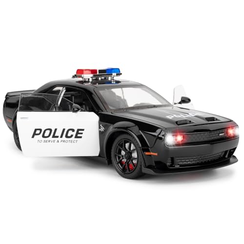 LOVEPOSELY Police Car Model for Collectible 124 Dodge Challenger SRT Hellcat Toy Diecast Vehicle Toy with Lights and SoundsPull Back Decoration Model Car Toy for Adults Kids Birthday Gifts - Image 1