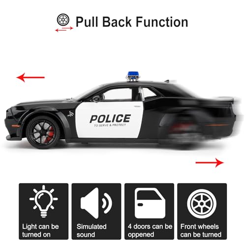 LOVEPOSELY Police Car Model for Collectible 124 Dodge Challenger SRT Hellcat Toy Diecast Vehicle Toy with Lights and SoundsPull Back Decoration Model Car Toy for Adults Kids Birthday Gifts - Image 5