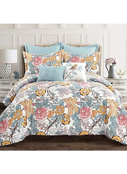 Lush Decor Lush Decor Sydney Comforter Set  Charming  Colorful Floral Leaf Design  7 Piece Elegant Botanical Bedding Set With Euro Shams  Decorative Pillows  King Blue  Yellow 