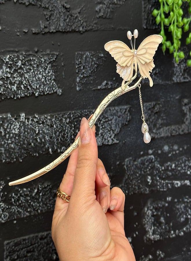 Ashkash Chinese Antique Metal Butterfly Hair Stick, Elegant Pearl Tassel Hair Chopstick, Hair Clip & Chignon Pin for Women & Girls, White Butterfly Design For Parties, Special Occasions, Pack of 1 - Image 1