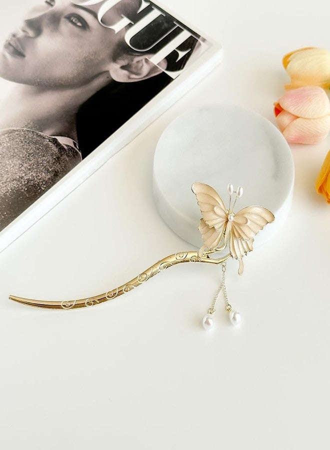 Ashkash Chinese Antique Metal Butterfly Hair Stick, Elegant Pearl Tassel Hair Chopstick, Hair Clip & Chignon Pin for Women & Girls, White Butterfly Design For Parties, Special Occasions, Pack of 1 - Image 3