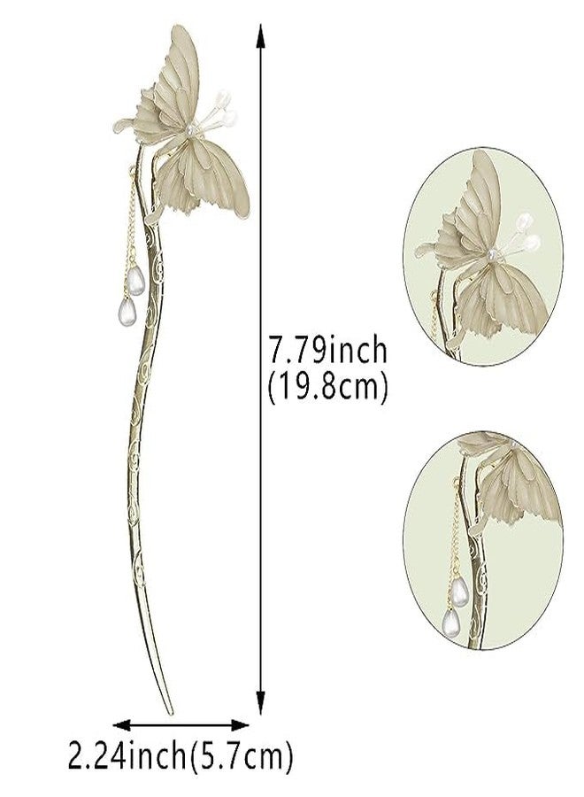 Ashkash Chinese Antique Metal Butterfly Hair Stick, Elegant Pearl Tassel Hair Chopstick, Hair Clip & Chignon Pin for Women & Girls, White Butterfly Design For Parties, Special Occasions, Pack of 1 - Image 4