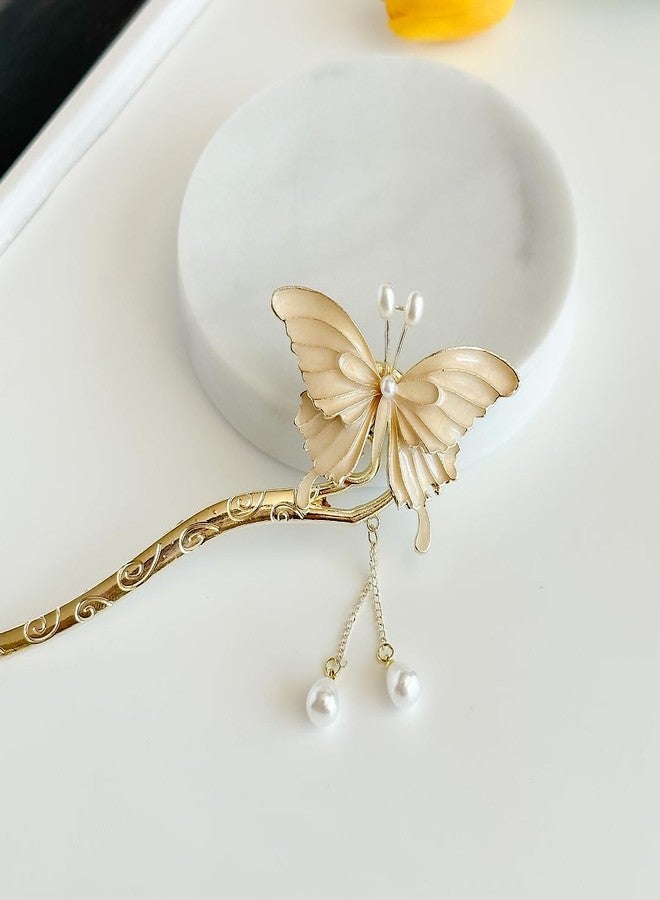 Ashkash Chinese Antique Metal Butterfly Hair Stick, Elegant Pearl Tassel Hair Chopstick, Hair Clip & Chignon Pin for Women & Girls, White Butterfly Design For Parties, Special Occasions, Pack of 1 - Image 2