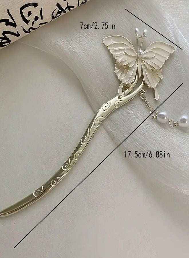 Ashkash Chinese Antique Metal Butterfly Hair Stick, Elegant Pearl Tassel Hair Chopstick, Hair Clip & Chignon Pin for Women & Girls, White Butterfly Design For Parties, Special Occasions, Pack of 1 - Image 5