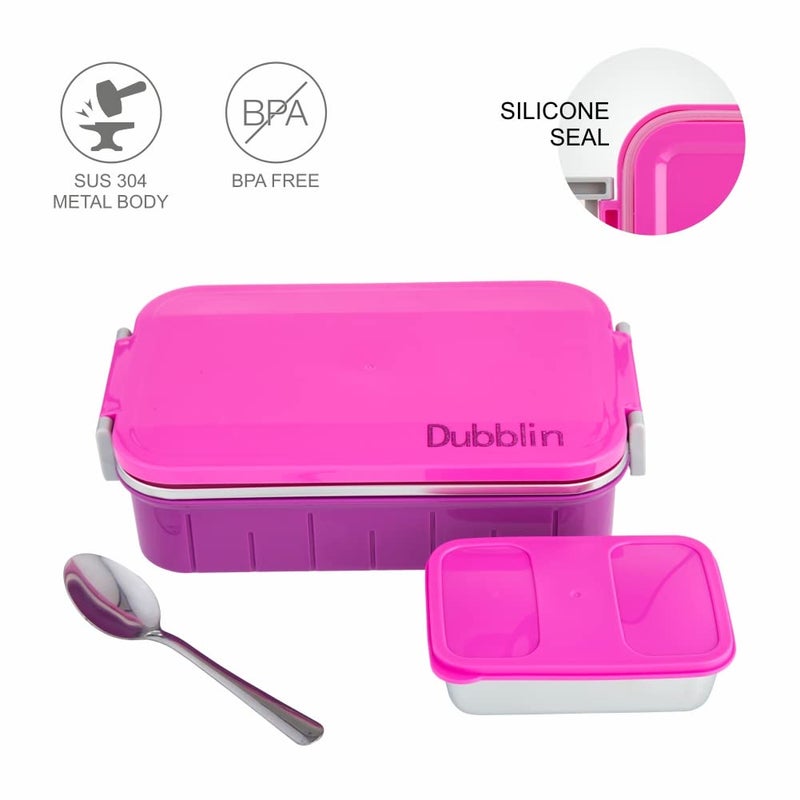 DUBBLIN DUBBLIN Feast Stainless Steel Lunch Box Insulated Airtight Spill Proof with Spoon, sabzi Container Inside, 850 ml, Pink - Image 3