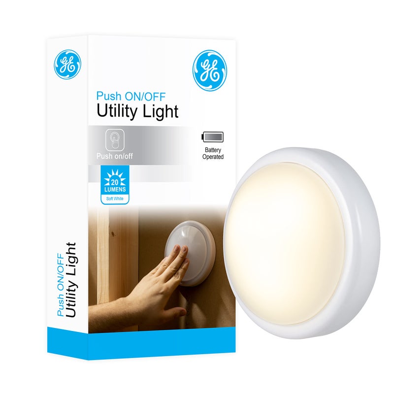 GE BatteryOperated Tap Light White Push Light StickOn Wireless and Portable Ideal for Cabinets Closets Nightstands Bathrooms and Hallways 54807