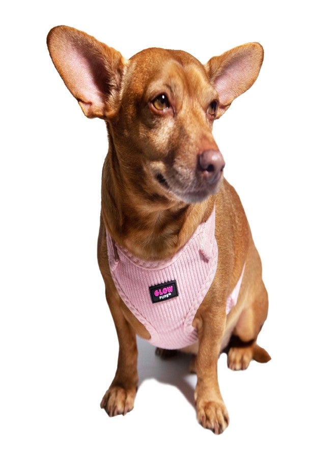 Glow Pups سرج Glow Pups للكلاب الصغيرة، مصنوع من قماش مخملي ناعم قابل للتعديل على شكل سترة مع أجزاء معدنية ذهبية، وبطانة شبكية تسمح بالتهوية، لون وردي فاتح، مقاس مريح وآمن (متوسط). - Image 2