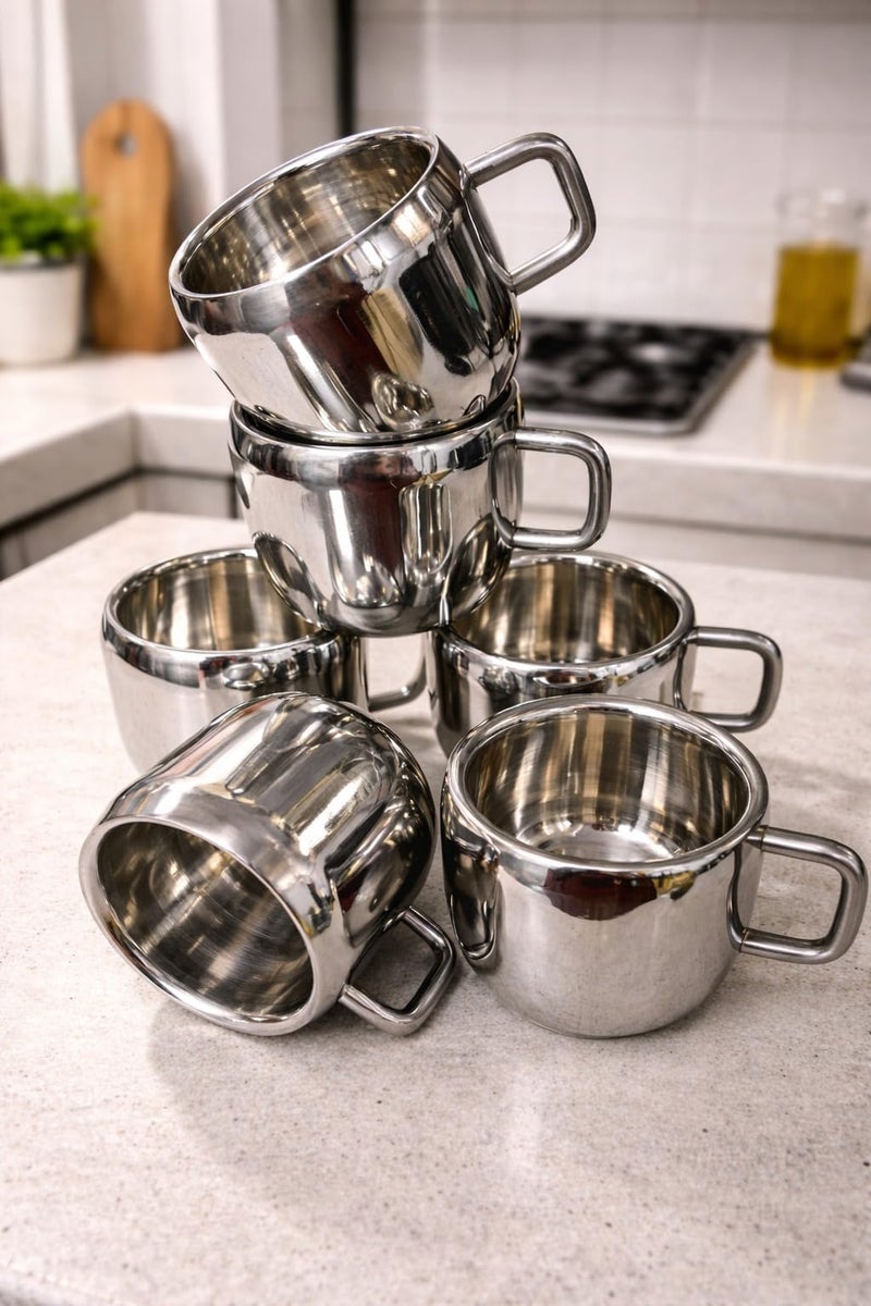 VISAXMI Stainless Steel Tea Cups Set of 6 with Handle | Mirror Finish Chai Cups | 90ml Tea & Coffee Serving Cups Rust Resistant Double wall Apple Shaped (Silver) - Image 4