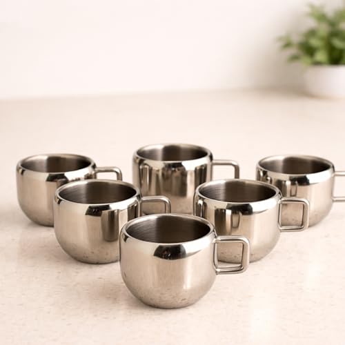 VISAXMI Stainless Steel Tea Cups Set of 6 with Handle | Mirror Finish Chai Cups | 90ml Tea & Coffee Serving Cups Rust Resistant Double wall Apple Shaped (Silver) - Image 1