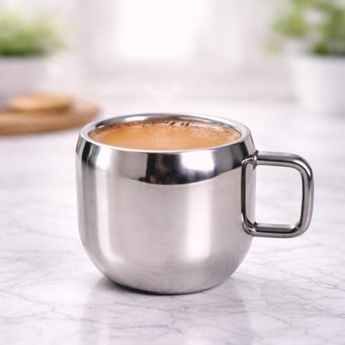 VISAXMI Stainless Steel Tea Cups Set of 6 with Handle | Mirror Finish Chai Cups | 90ml Tea & Coffee Serving Cups Rust Resistant Double wall Apple Shaped (Silver) - Image 5