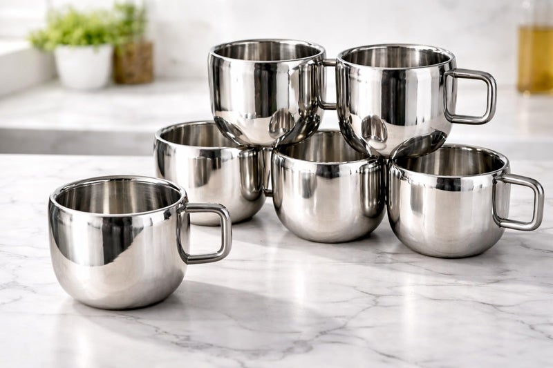 VISAXMI Stainless Steel Tea Cups Set of 6 with Handle | Mirror Finish Chai Cups | 90ml Tea & Coffee Serving Cups Rust Resistant Double wall Apple Shaped (Silver) - Image 3
