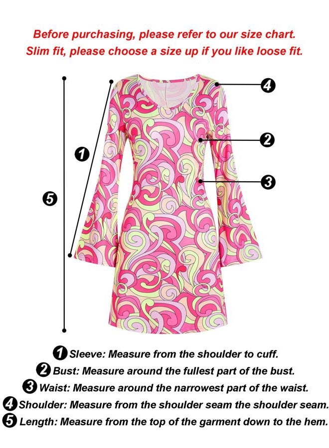 Deerjoke 60s 70s Disco Outfit Hippie Costume Women, 1970 Style Clothes Dress Peace Sign Accessories Jewelry Halloween, Pink, XL - Image 2